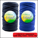 Kit Fio de Malha Brasil 2 Rolos com 500g Cada - Cores Básicas/Neutras - Preto, Branco e Azul Marinho - Crochê Residual